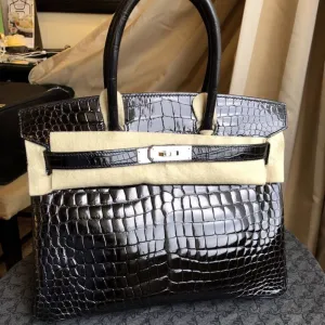 Hermès Birkin 30 Noir (Black) Crocodile Porosus Lisse Palladium Hardware PHW