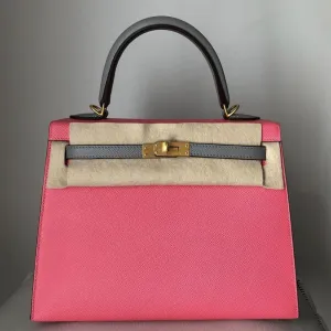 Hermès Kelly HSS 25 Rose Azalee/Gris Mouette Sellier Epsom Brushed Gold Hardware BGHW