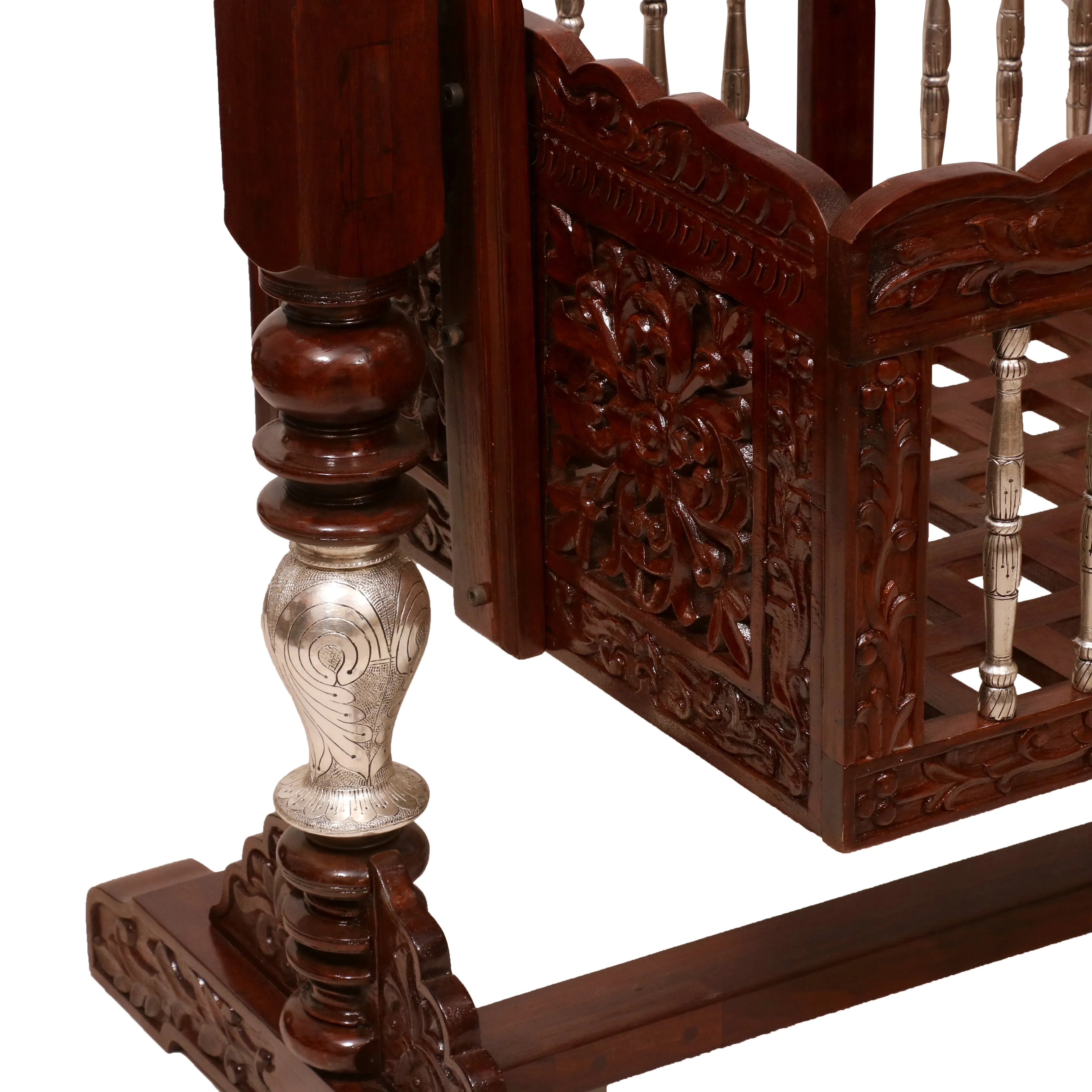 Intricately Antique Carved Teak Wooden Handmade Crib Cradle