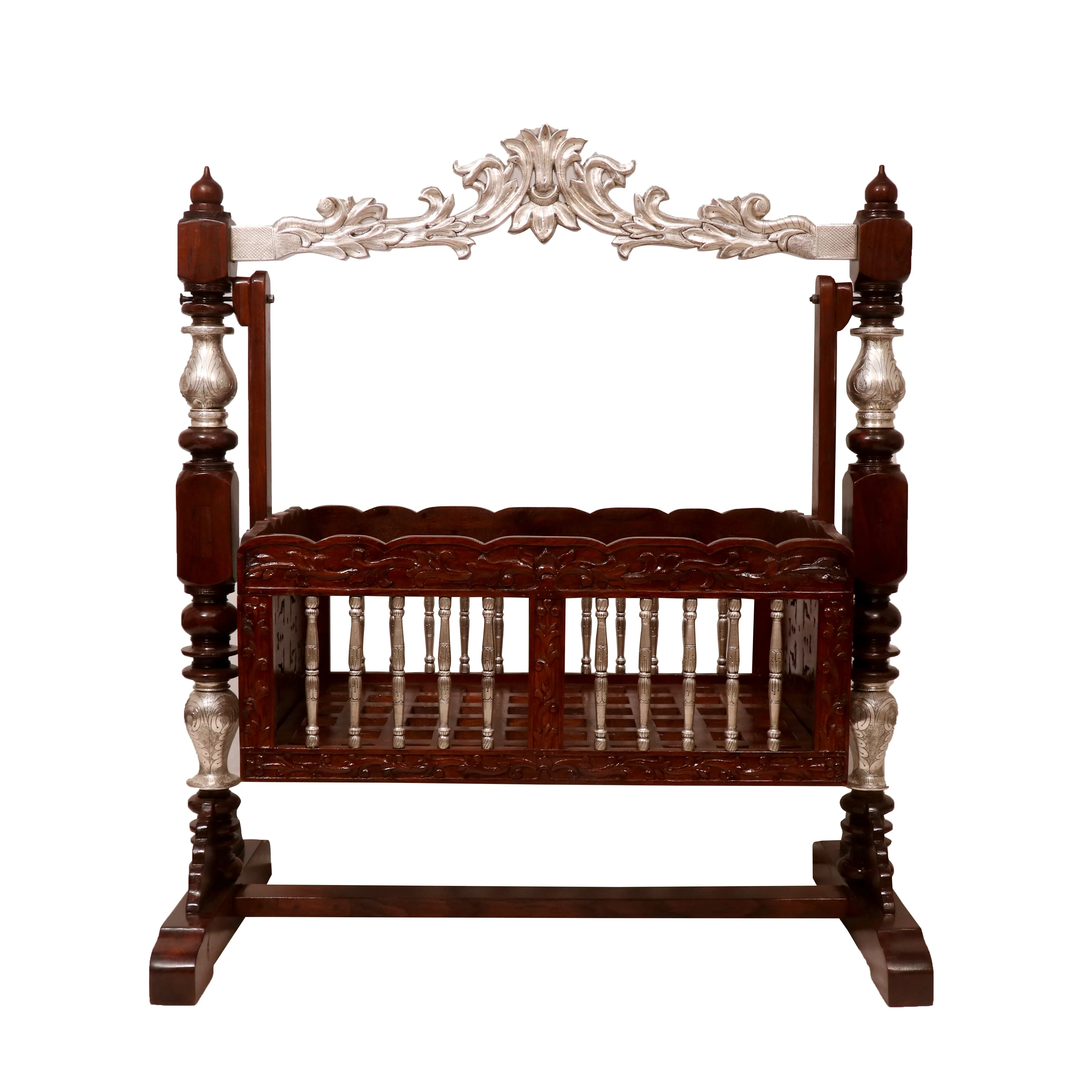 Intricately Antique Carved Teak Wooden Handmade Crib Cradle