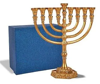 Intricately Detailed Jeweled Temple Menorah - Satin Gold