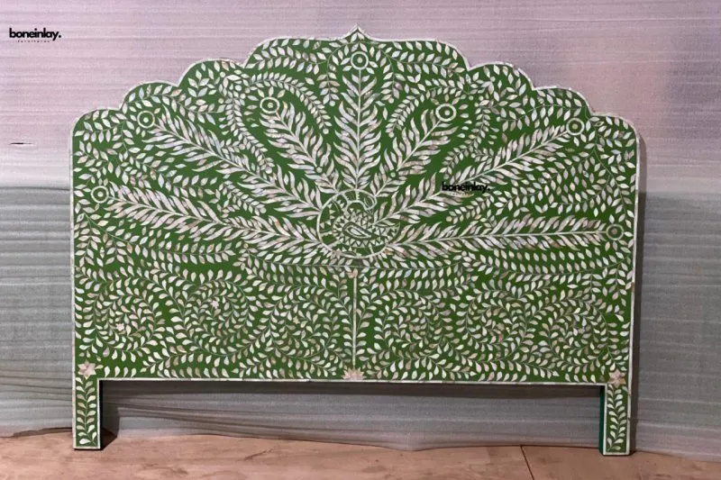 Intricately Green Peacock Mother Of Pearl Headboard