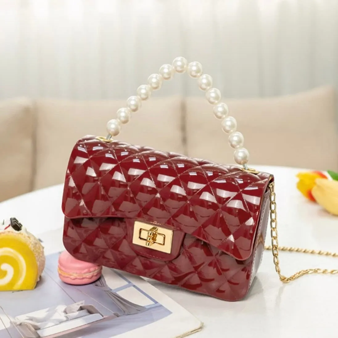 Jelly Purse Flap Handbag with Pearls Top Handle Faux Quilted Crossbody Bag