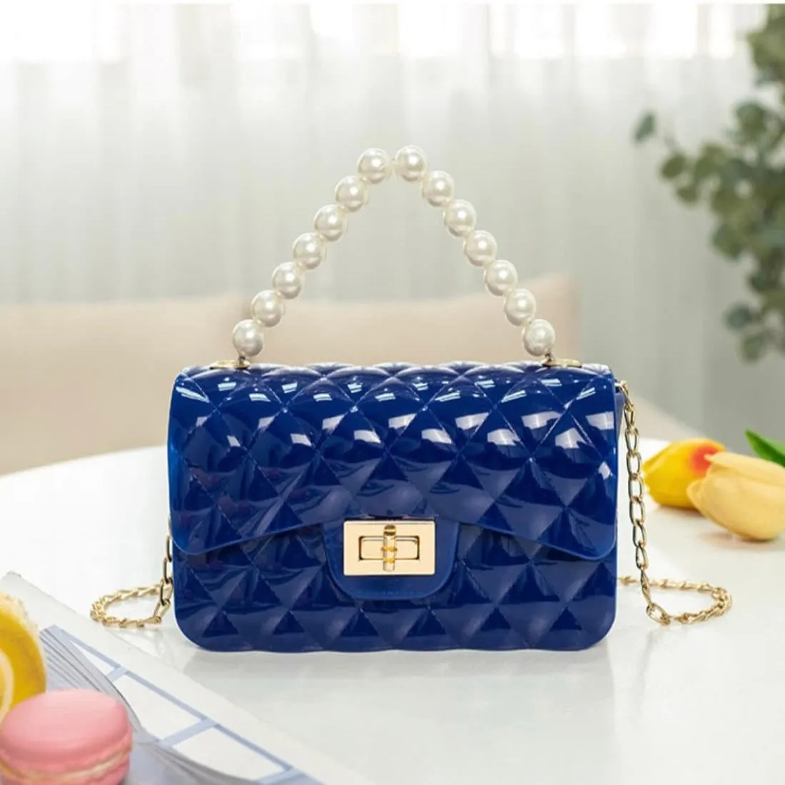 Jelly Purse Flap Handbag with Pearls Top Handle Faux Quilted Crossbody Bag