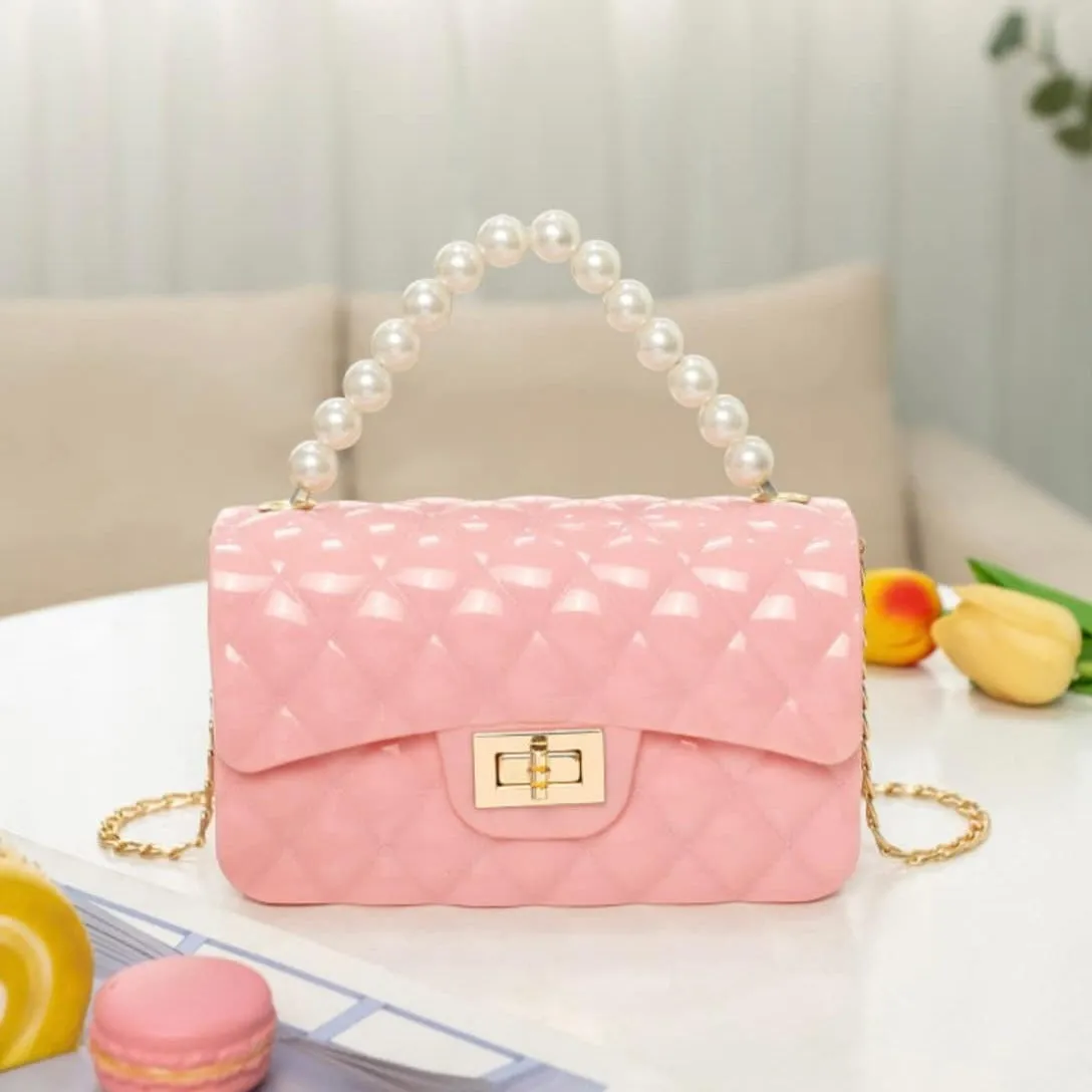 Jelly Purse Flap Handbag with Pearls Top Handle Faux Quilted Crossbody Bag