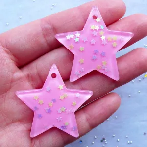 Kawaii Confetti Star Charms | Resin Star Pendant | Glittery Decoden Cabochon | Fairy Kei Jewelry Making | Phone Case Embellishments (2pcs / Pink / 39mm x 36mm)