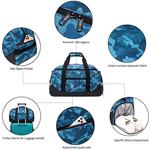 Kids Overnight Duffel Bag with Shoe Compartment, Blue Camo