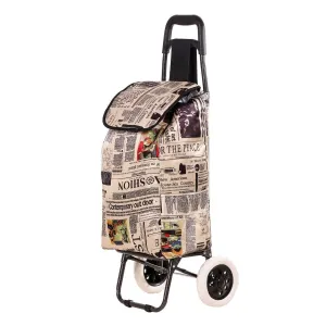 KriShyam® Folding Shopping Cart with Large Wheels, Grocery Shopping Cart with Removable Bag(Newspaper Print)