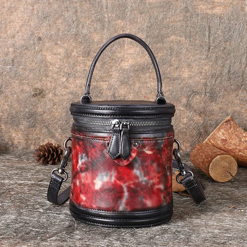 Ladies Genuine Leather Bucket Handbags Small Shoulder Bags Purses for Women