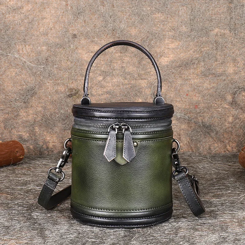 Ladies Genuine Leather Bucket Handbags Small Shoulder Bags Purses for Women