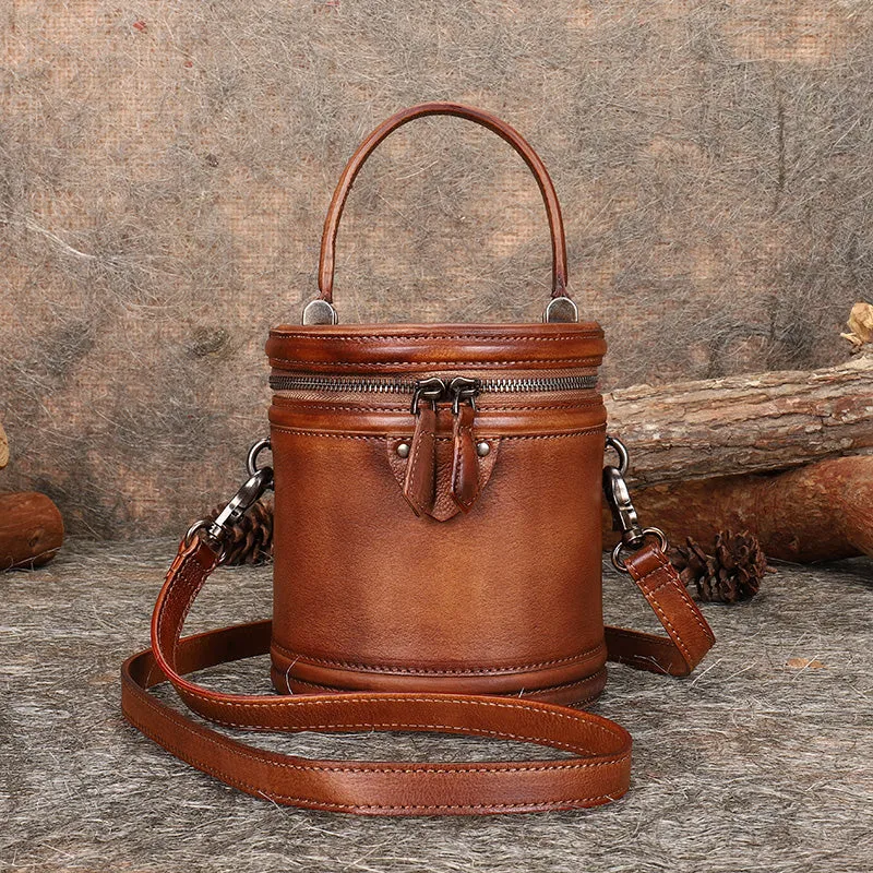 Ladies Genuine Leather Bucket Handbags Small Shoulder Bags Purses for Women