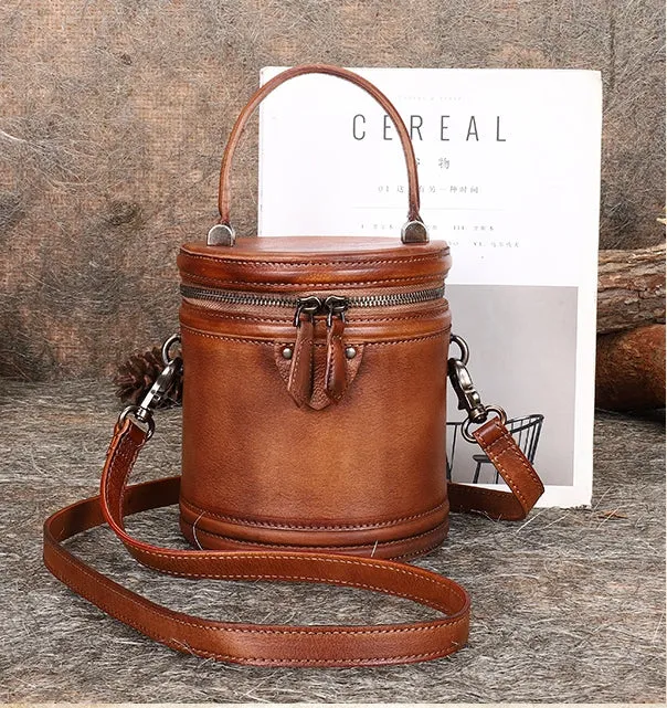 Ladies Genuine Leather Bucket Handbags Small Shoulder Bags Purses for Women