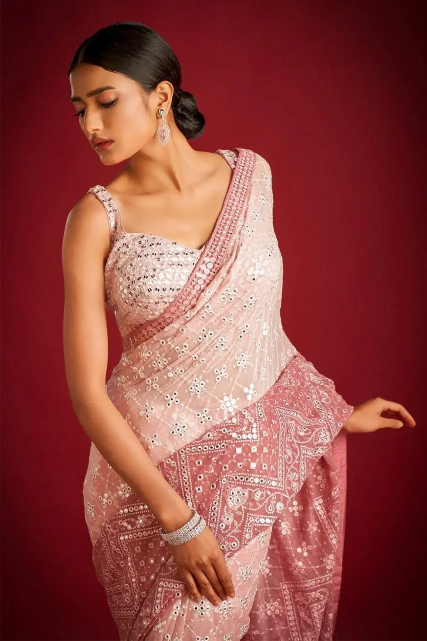 Light Peach Georgette Saree with Exquisite Embroidery