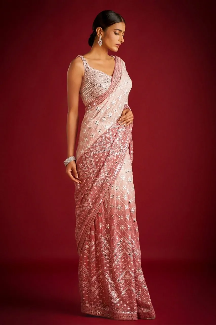 Light Peach Georgette Saree with Exquisite Embroidery