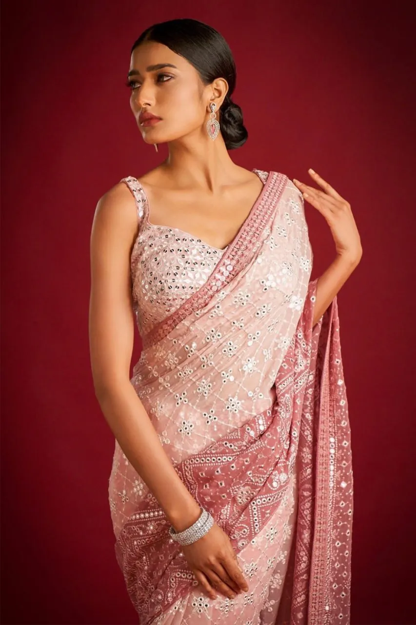 Light Peach Georgette Saree with Exquisite Embroidery