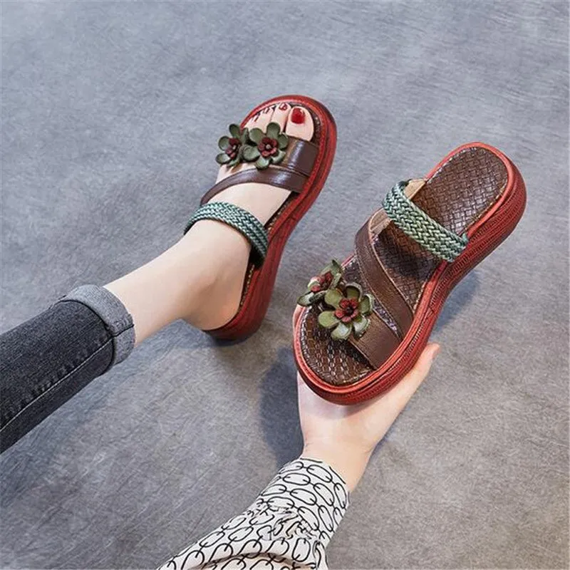 Luxurious Braided Tanned Cowhide Flower Power Platform Slides