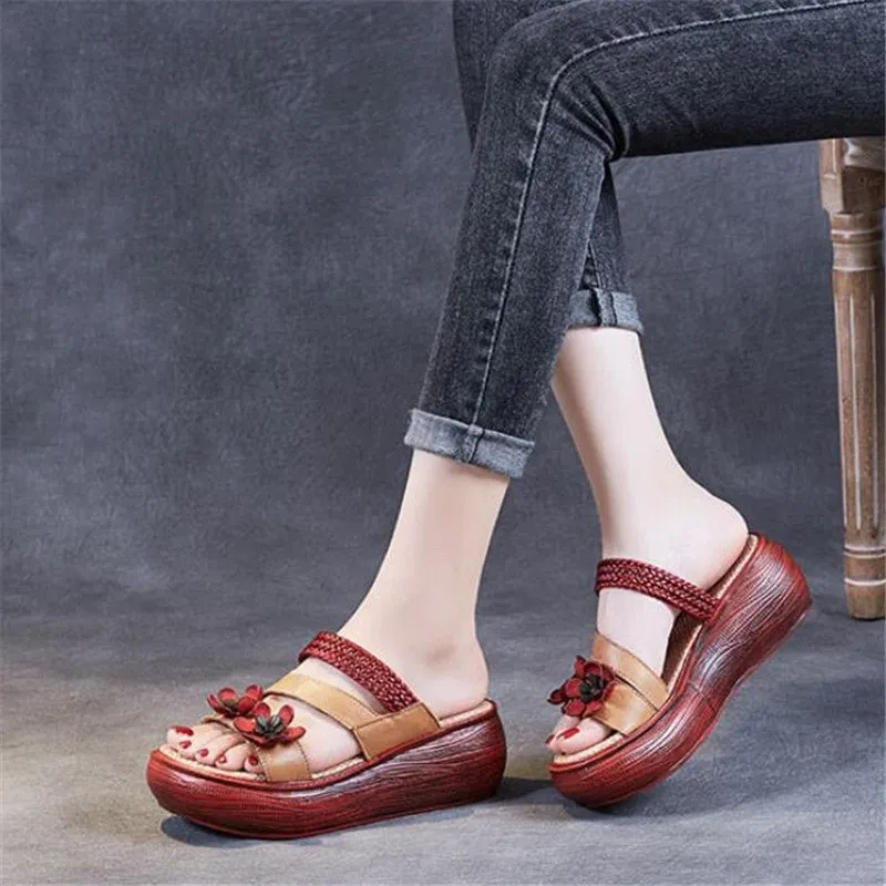 Luxurious Braided Tanned Cowhide Flower Power Platform Slides