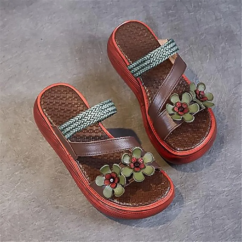 Luxurious Braided Tanned Cowhide Flower Power Platform Slides