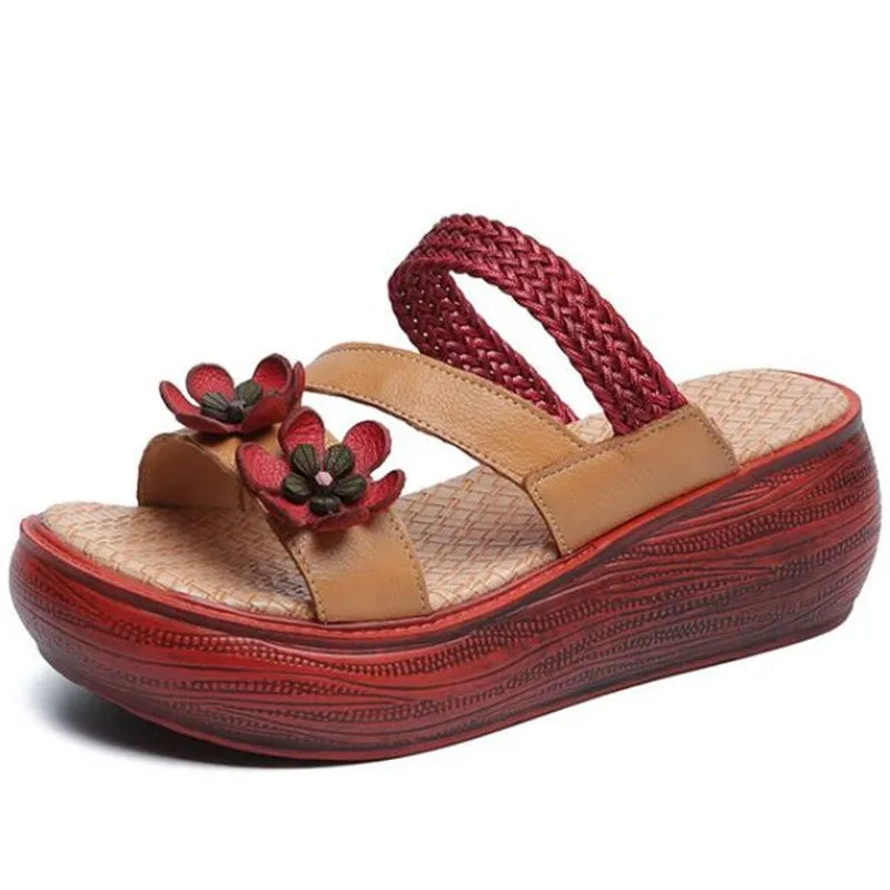 Luxurious Braided Tanned Cowhide Flower Power Platform Slides