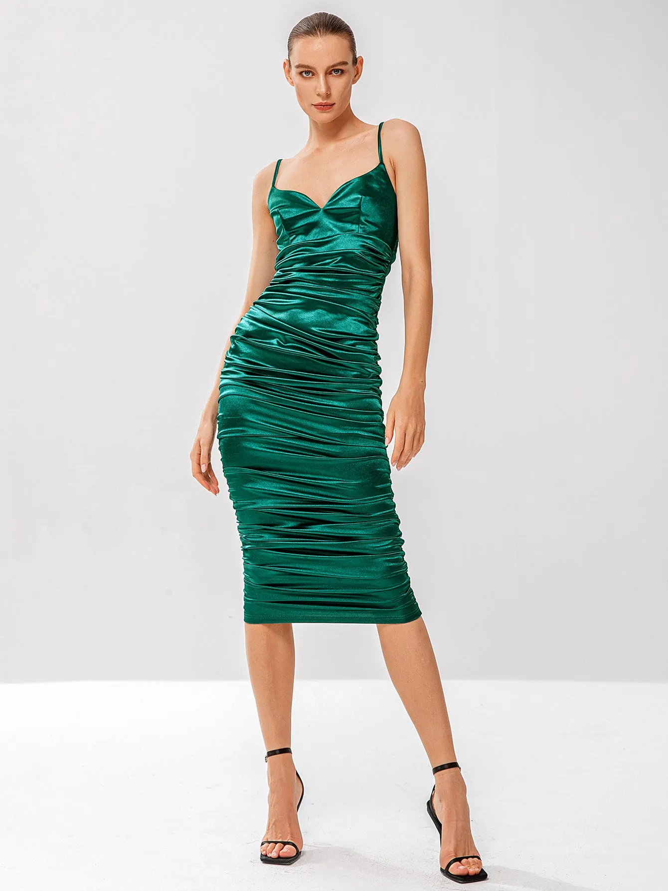 Luxurious Emerald Satin Ruched Midi Dress