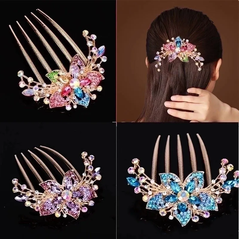 Luxurious Flower Alloy Plating Rhinestones Insert Comb