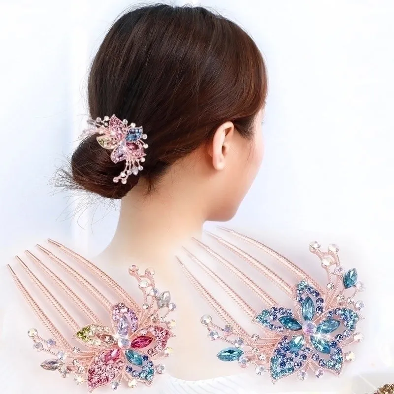 Luxurious Flower Alloy Plating Rhinestones Insert Comb