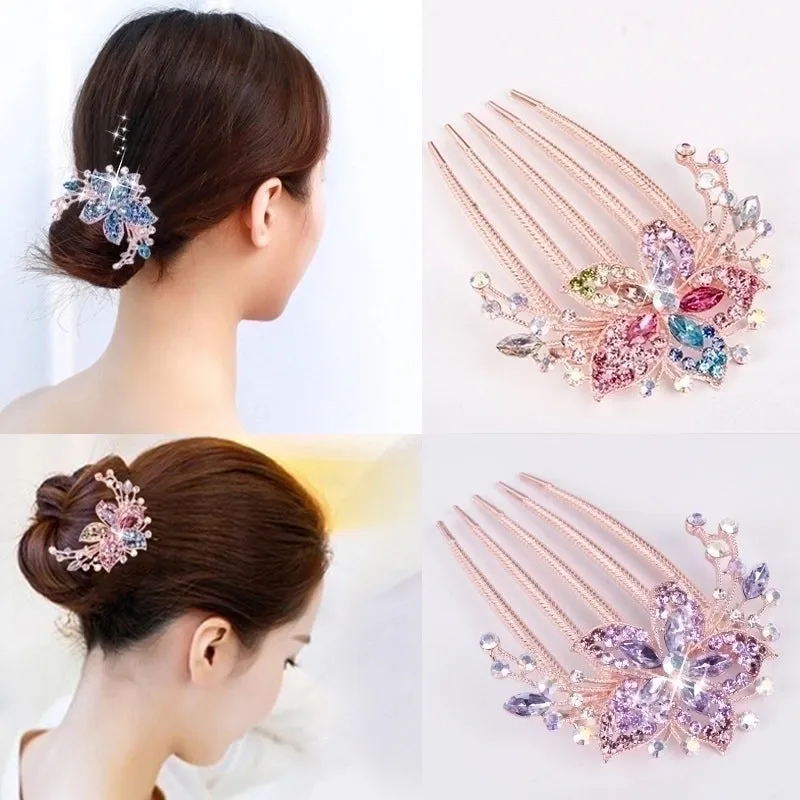 Luxurious Flower Alloy Plating Rhinestones Insert Comb