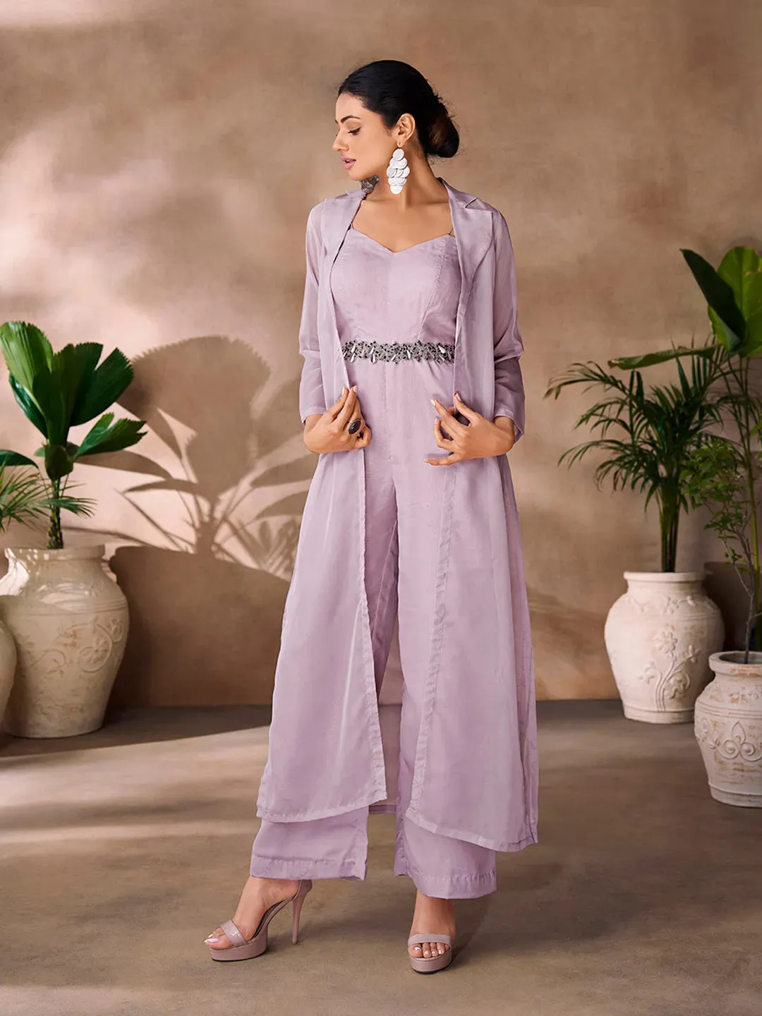 Luxurious Lavender Organza Hand Worked Co-Ord Set