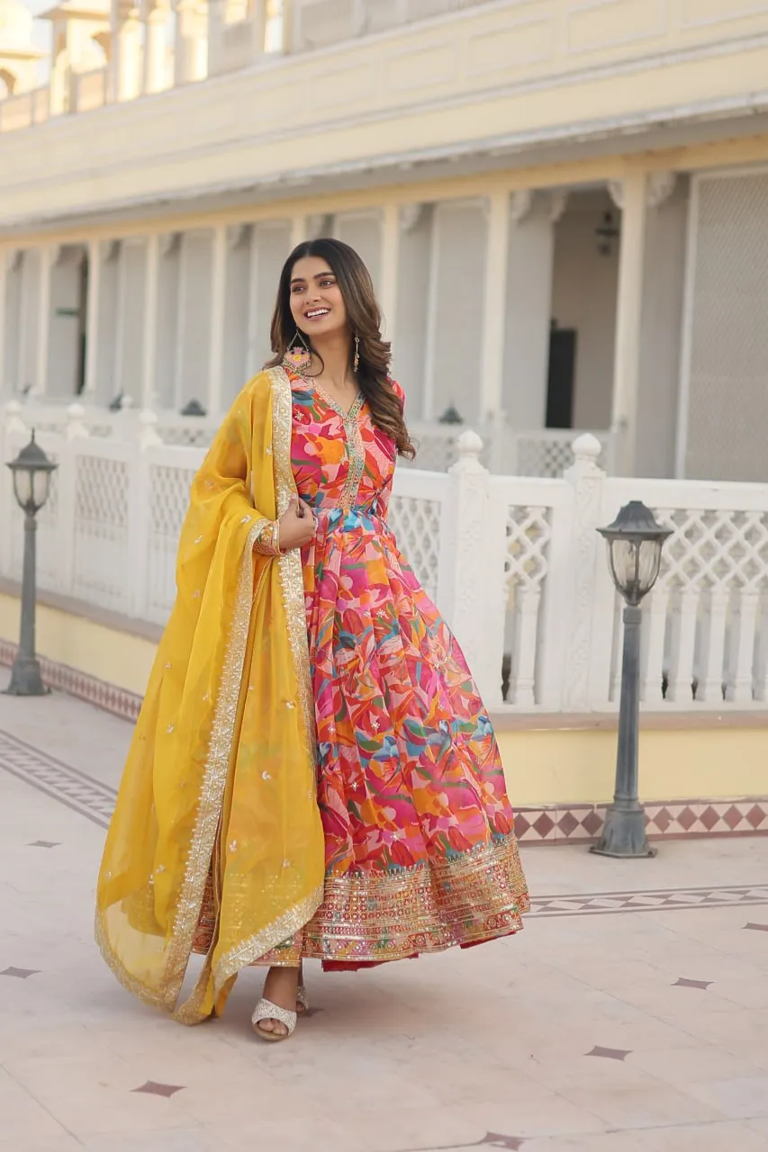 Luxurious Pink Readymade Gown with Embroidered Dupatta Set