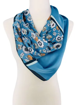 Luxurious Silk-Feel Square Scarf--Daisy & More-Blue