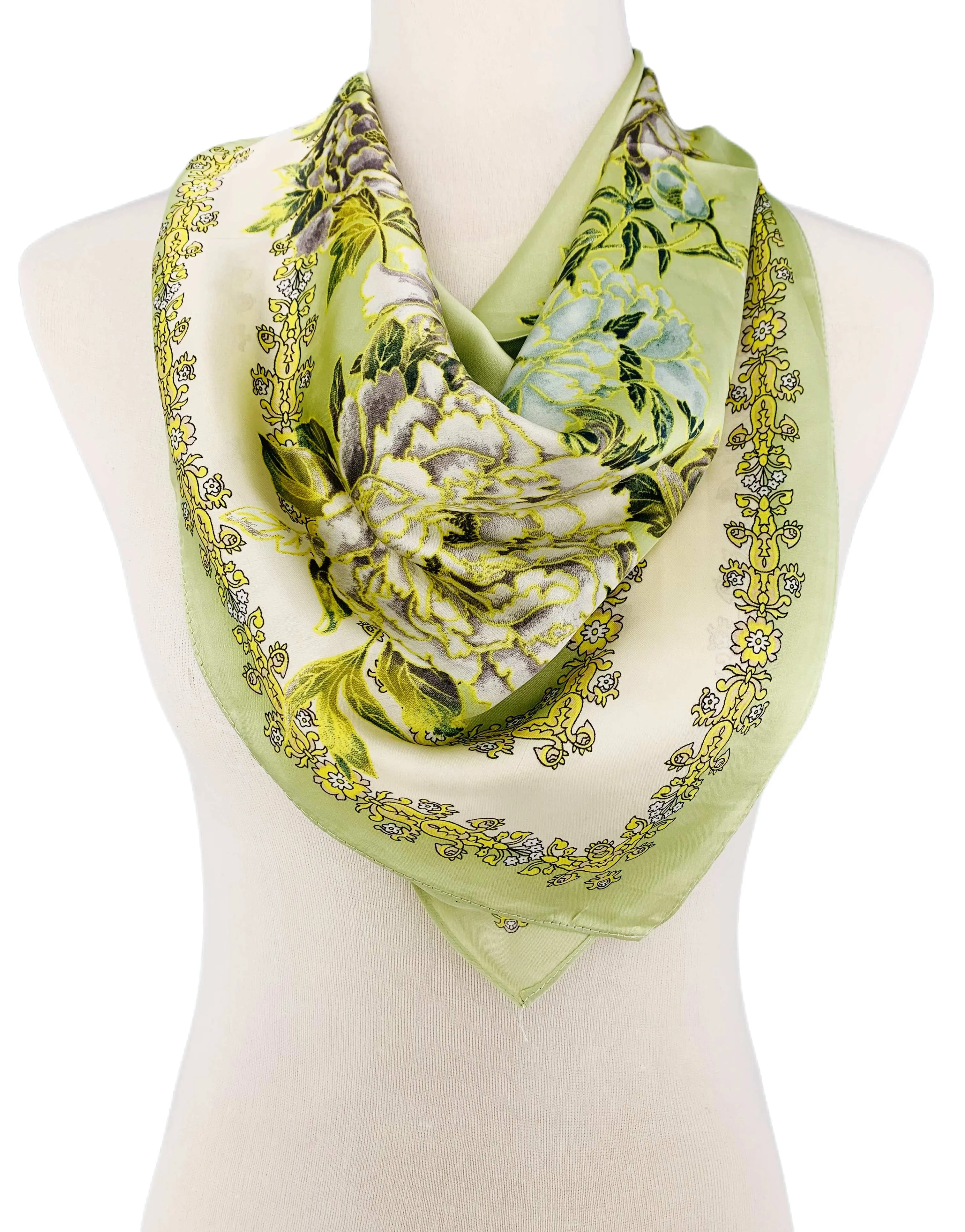 Luxurious Silk-Feel Square Scarf--Green Peony