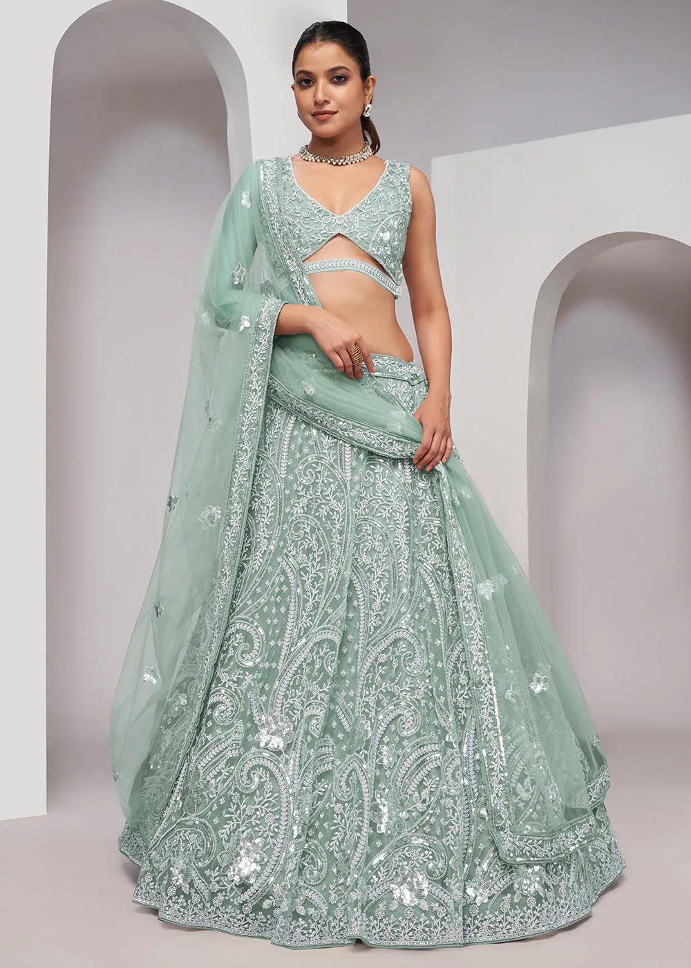 Luxurious Sky Blue Heavy Embroidered Bridal Lehenga Choli