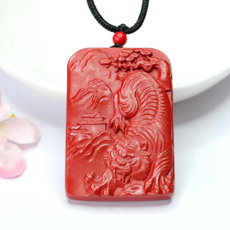 Luxurious Sterling Silver Cinnabar Tiger Rectangle Pendant