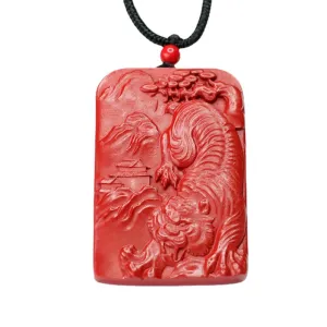 Luxurious Sterling Silver Cinnabar Tiger Rectangle Pendant