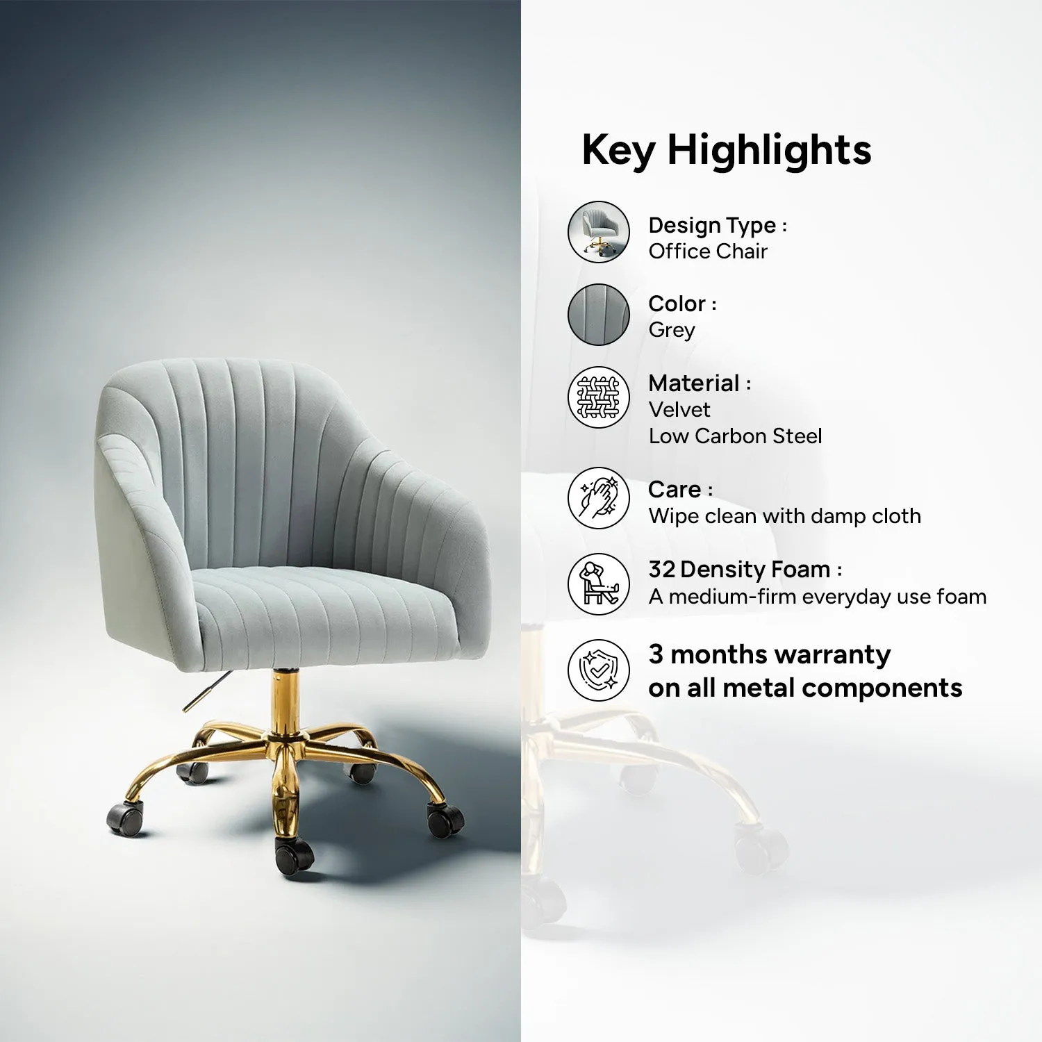 Luxurious Velvet Office Designer Chair Light Grey