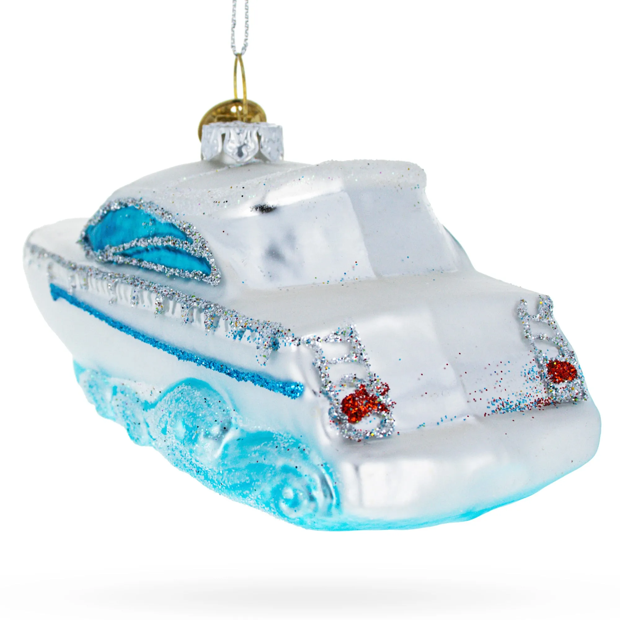 Luxurious White Yacht Powerboat Glass Christmas Ornament