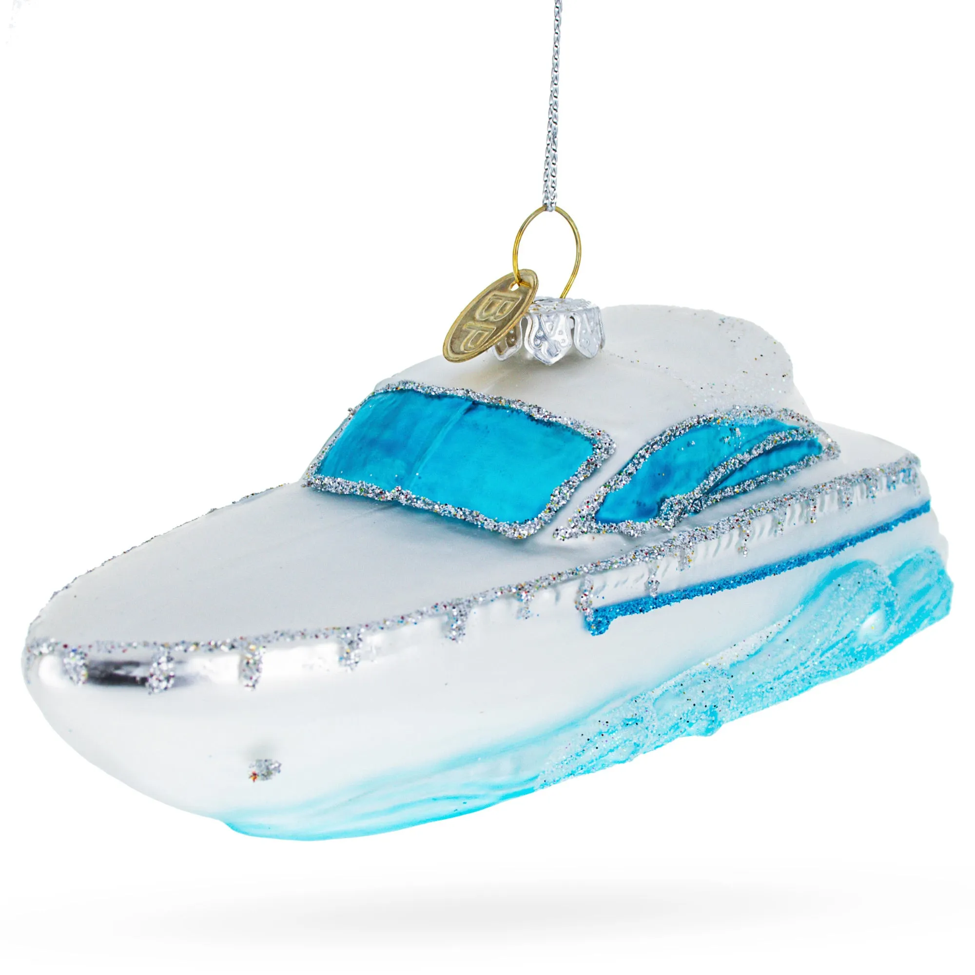 Luxurious White Yacht Powerboat Glass Christmas Ornament