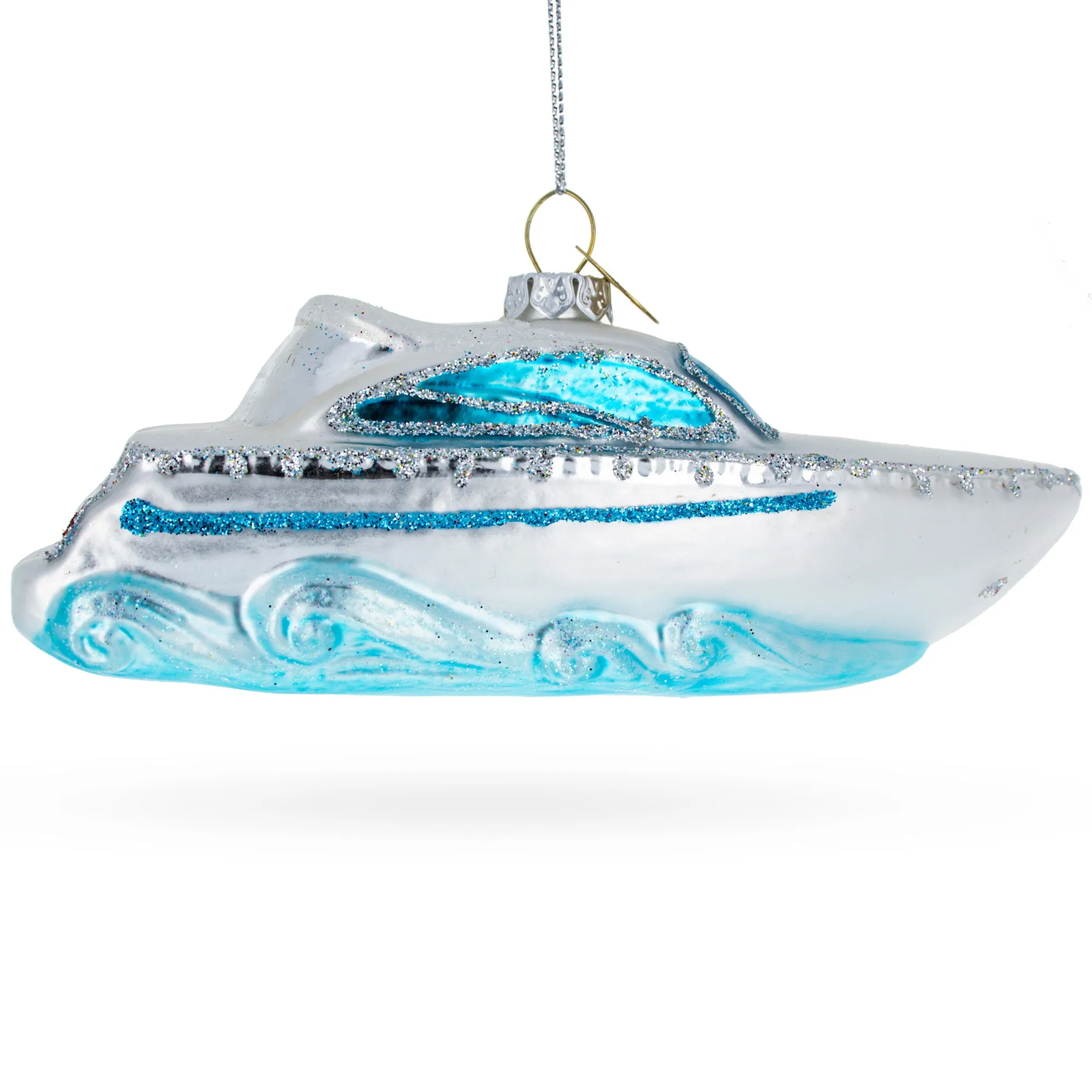 Luxurious White Yacht Powerboat Glass Christmas Ornament