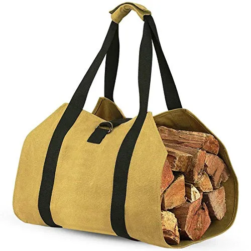 Macsen Waxed Canvas Firewood Log Carrier Holder with Easy Grip Padded Velco Strap and Adjustable firewood Strap Belt Storage Racks Tote Bag Fireplace Wood Stove Accessories Dust-Proof Waterproof