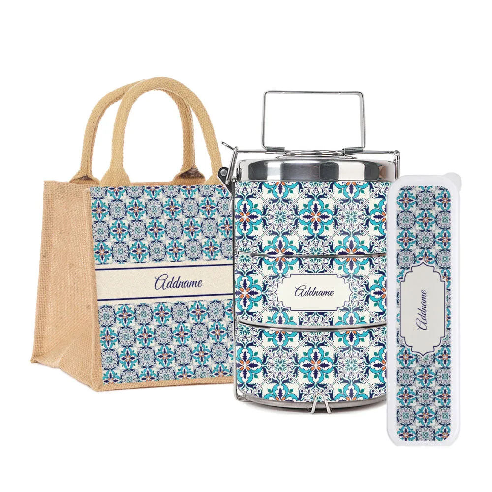 Moroccan Frost Blue Tiffin Carrier, Jute Tote Bag  & Cutlery Set [FREE Custom Add Name]