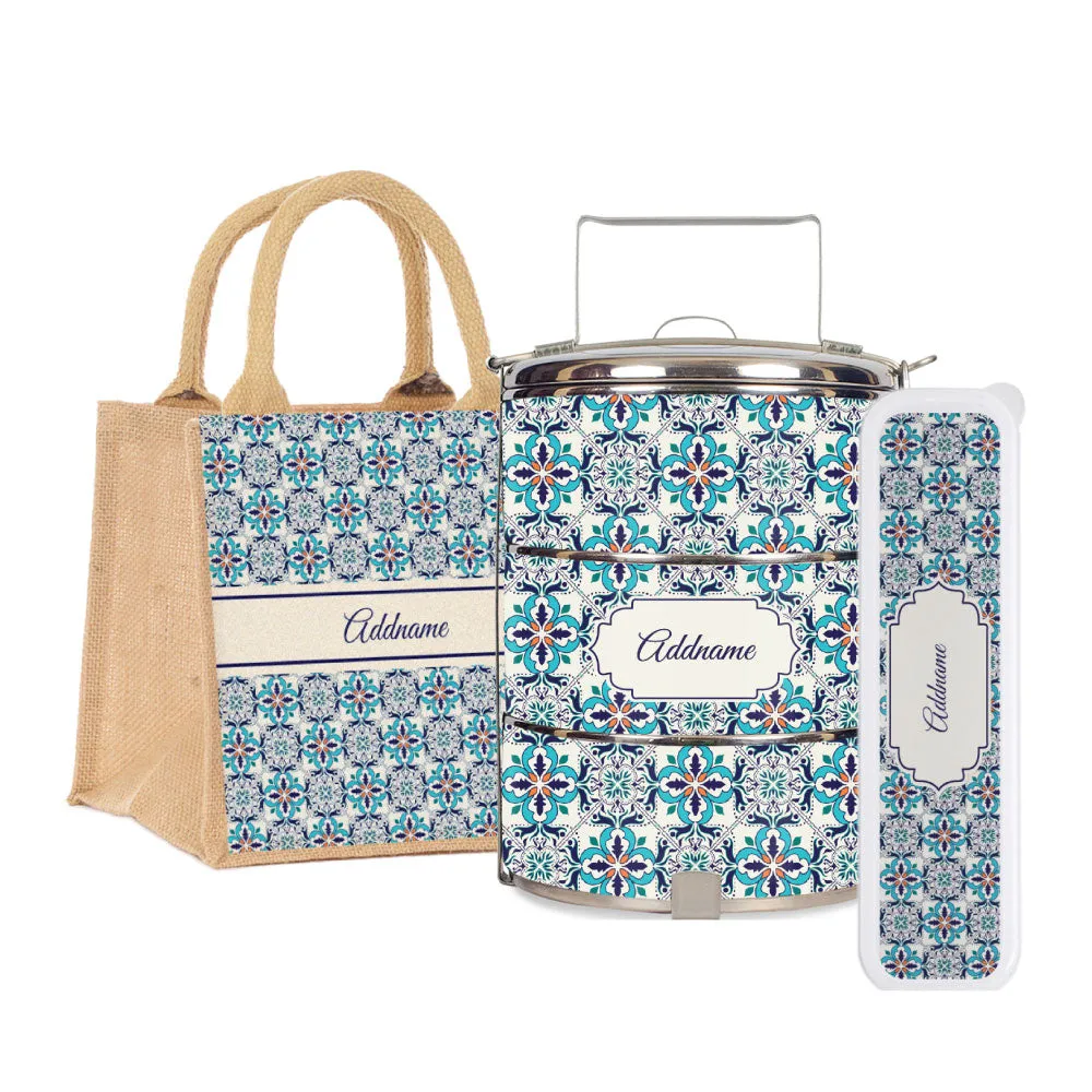 Moroccan Frost Blue Tiffin Carrier, Jute Tote Bag  & Cutlery Set [FREE Custom Add Name]