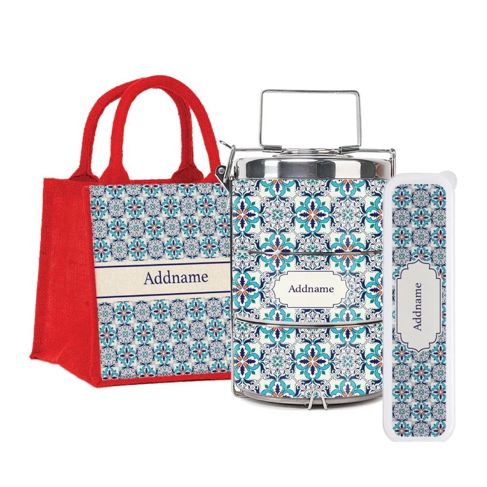 Moroccan Frost Blue Tiffin Carrier, Jute Tote Bag  & Cutlery Set [FREE Custom Add Name]