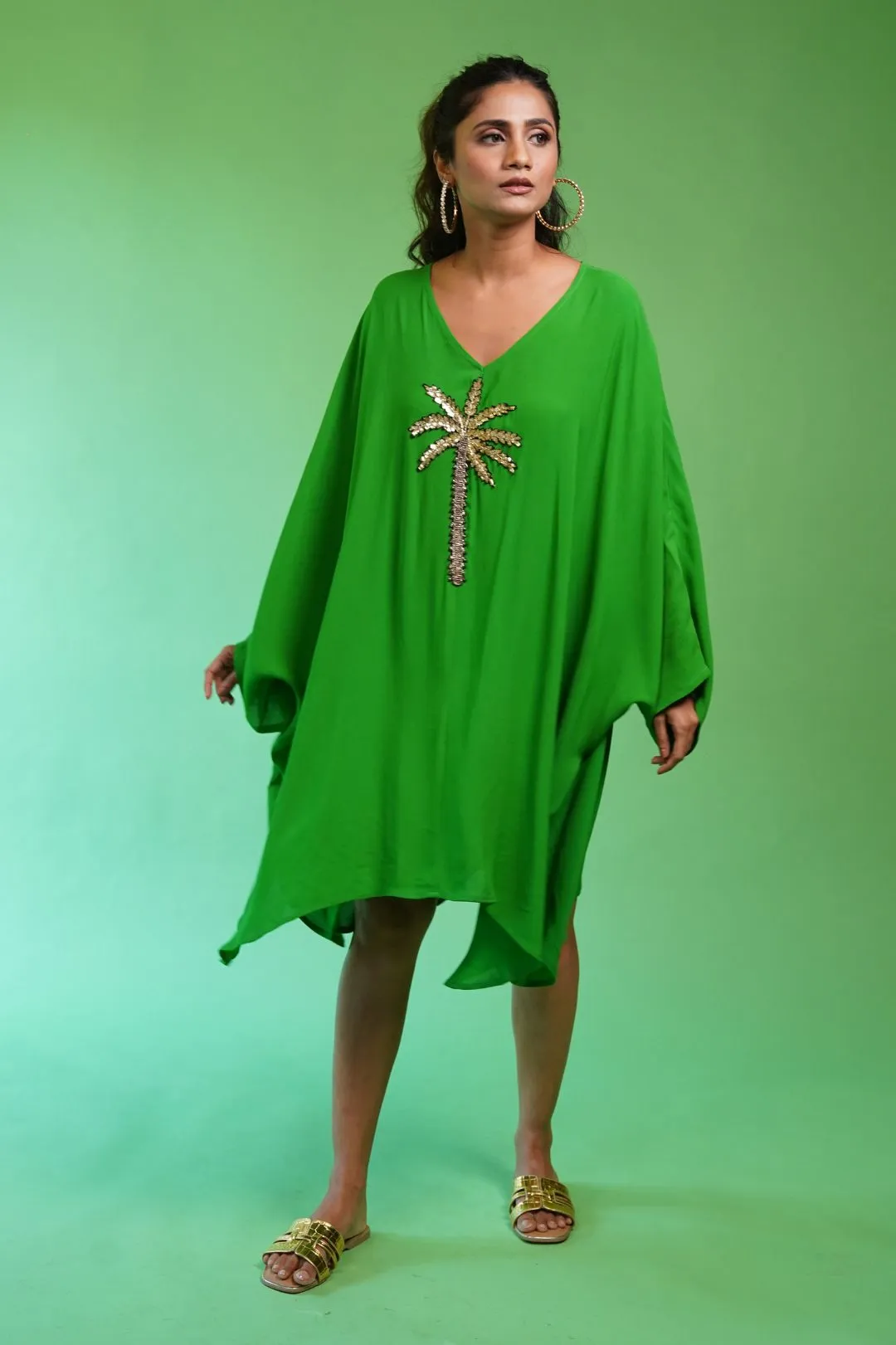 Palm Parrot Green Kaftan Dress