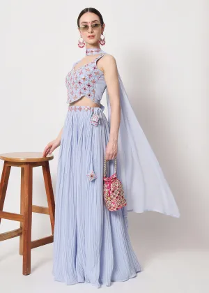 Party Wear Exquisite Sky-Blue Georgette Crushed Lehenga Choli