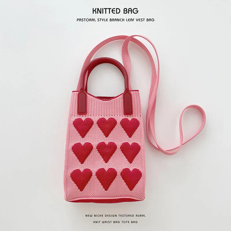 Pink Heart Shape Mini Phone Bag Knit Tote