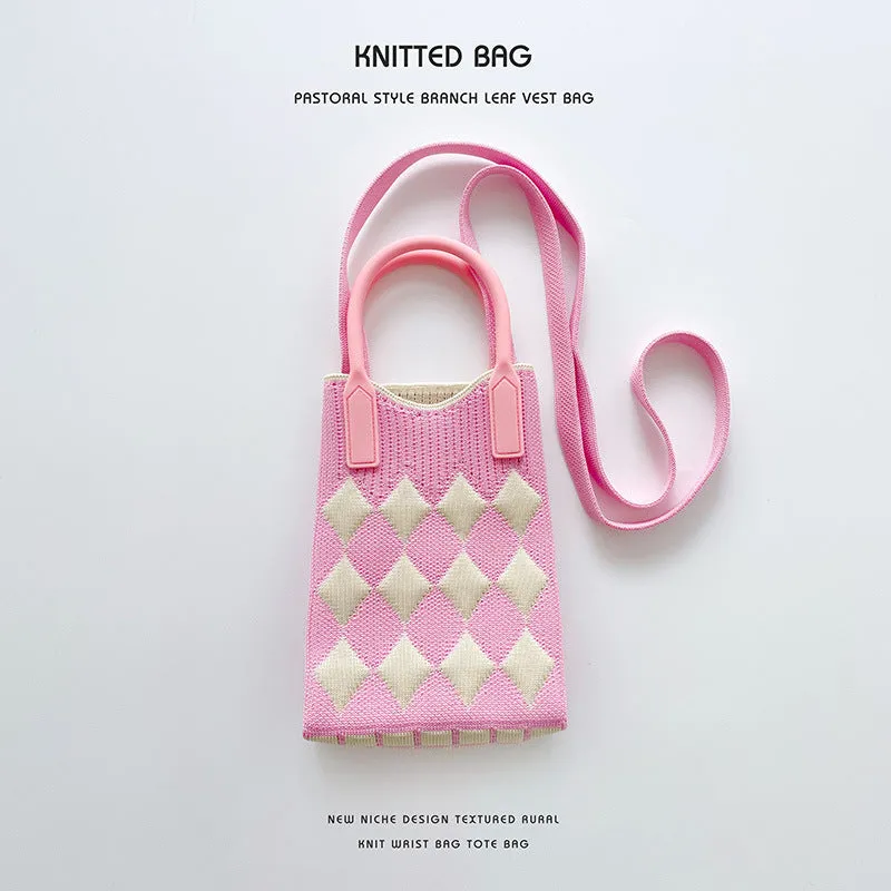 Pink Heart Shape Mini Phone Bag Knit Tote