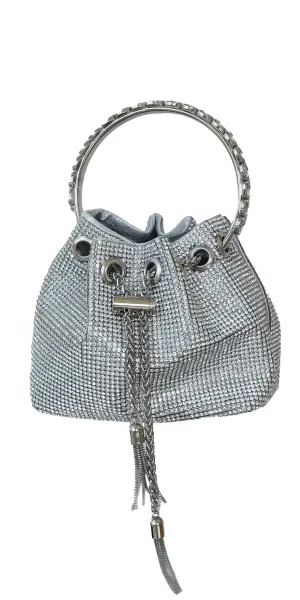 Rhinestone Drawstring Bucket Handbag with Metal Handle