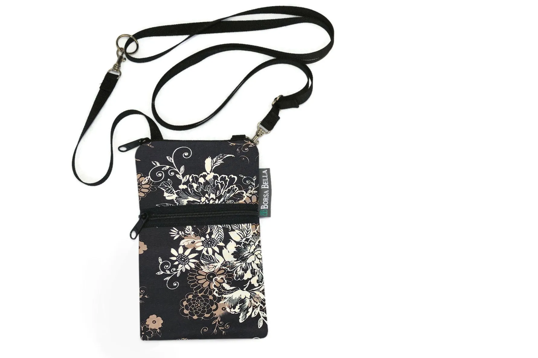 Short Zip Phone Bag - Wristlet Converts to Cross Body Purse - Black Beauty Fabric