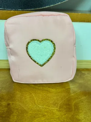 Small Nylon Varsity Pouch - Pink with White HEART Lettering