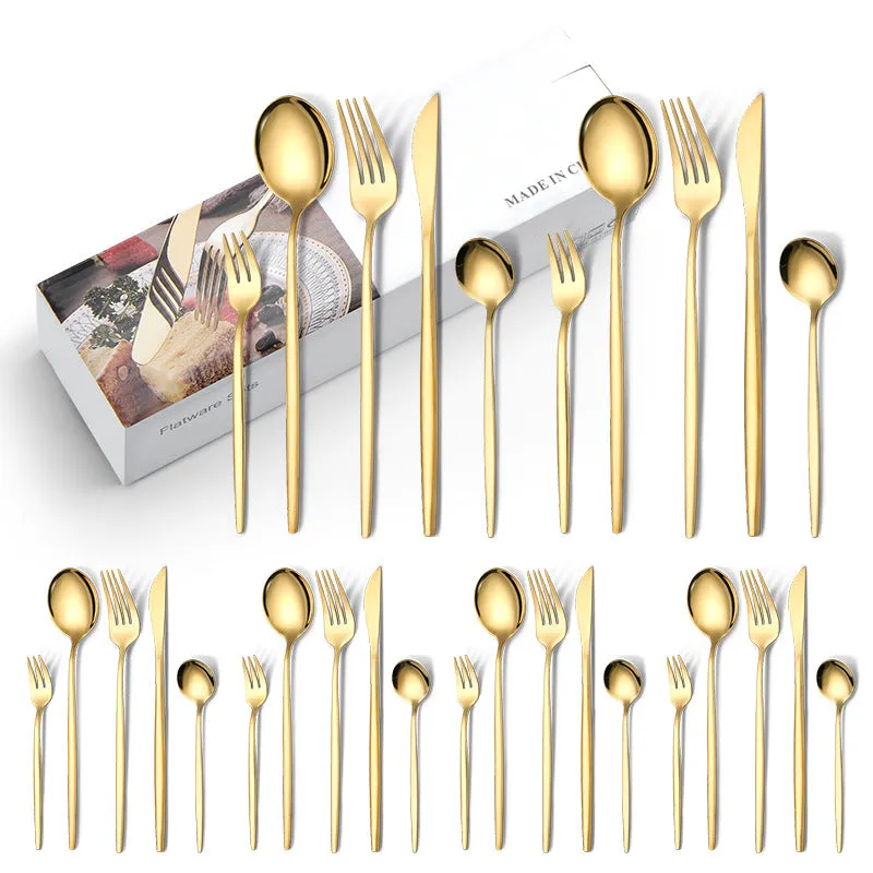 Stainless Steel Knife and Forks 30-Piece Set Portuguese Tableware Meal Golden Steak Knife, Fork and Spoon Gift Box Set